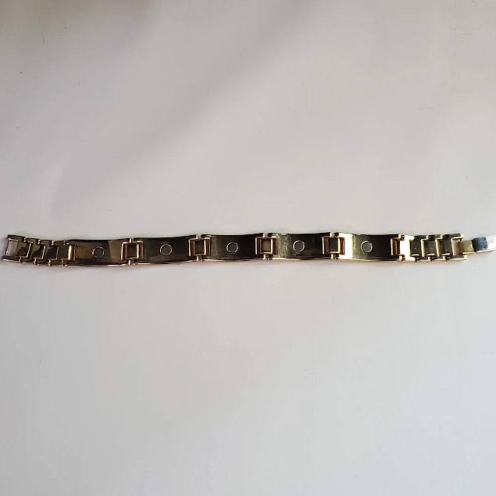 Gold Tone Two-Tone Link Bracelet Silver Inlay Magnetic Therapy Style 7.5